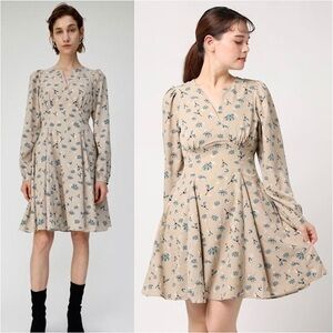 NWT MOUSSY Floral Print Taupe Puff Long Sleeve Fit & Flare Empire Waist Dress S